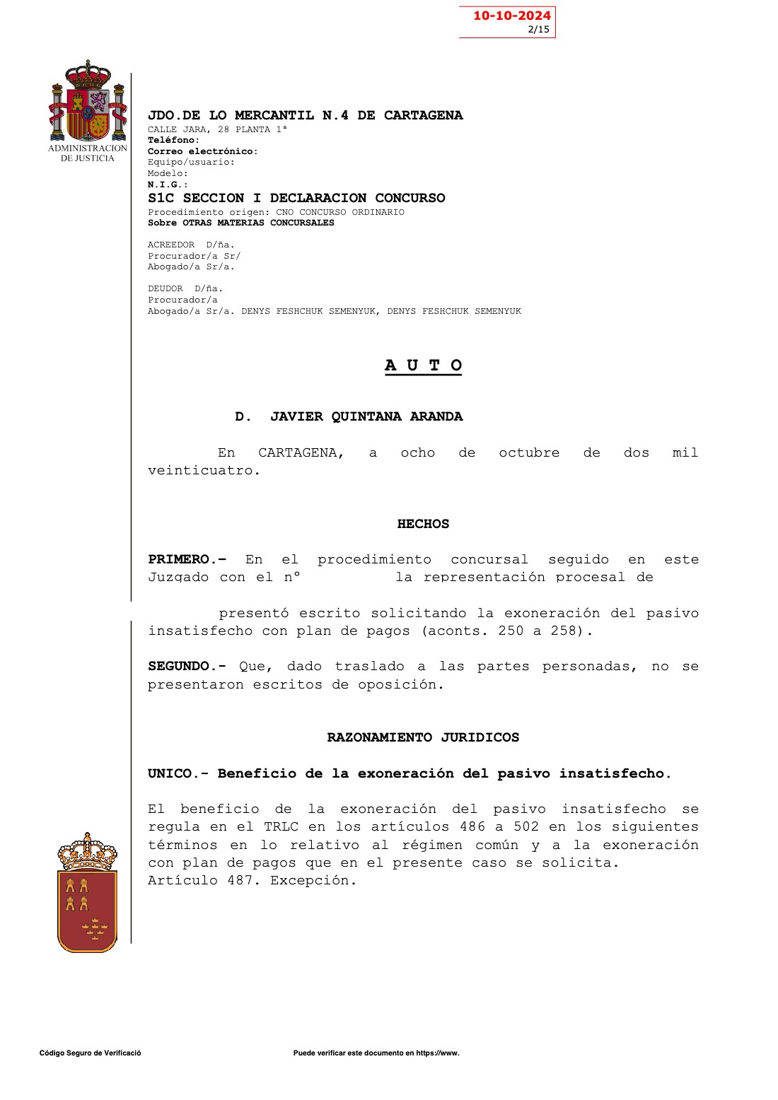 Primera página del auto del Mercantil nº 4 de Cartagena. Abre el PDF completo.